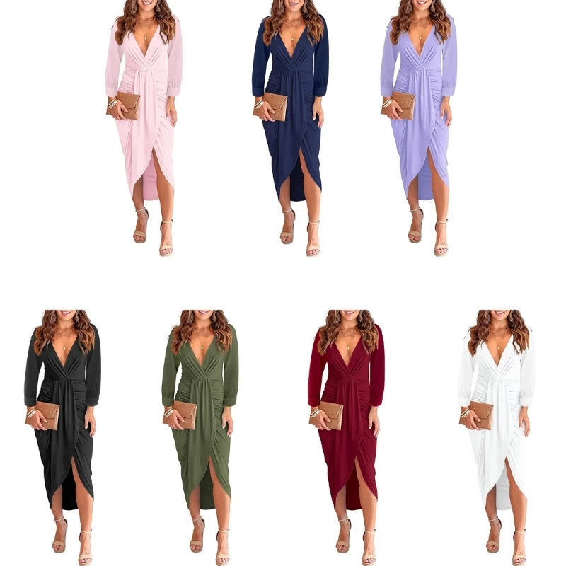 

Sexy Women Dress Autumn Casual Waist Tight-fitting Solid Long-length Dresses Long Sleeve V-neck Tight Long Dress Drop Shipping