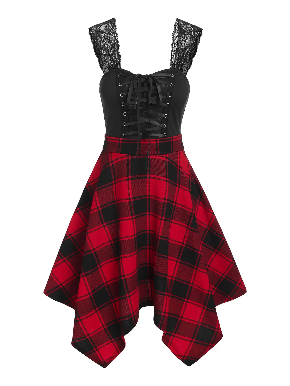 

Gothic Contrast Plaid Lace Up Corset Style Lace Panel Handkerchief Dress Hanky Hem Sleeveless Dresses