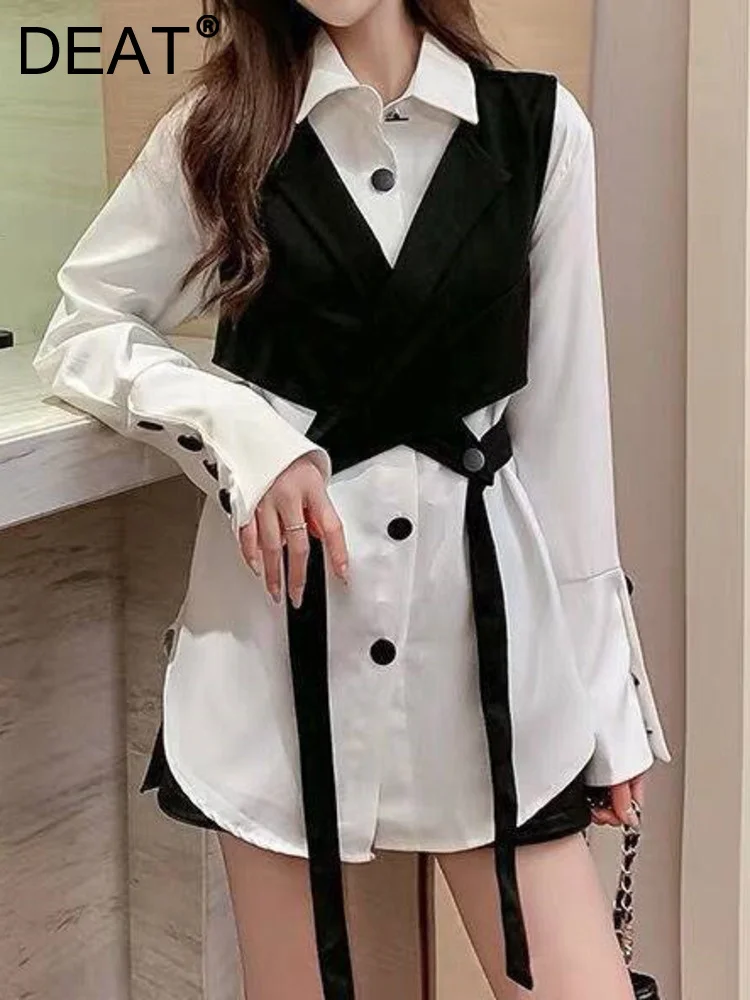 

DEAT Fashion Women's 2 Pcs Shirt Lapel Single Breasted Lantern Sleeve Blouse V-neck Lace-up Black Vest Female Autumn 2023 WK484