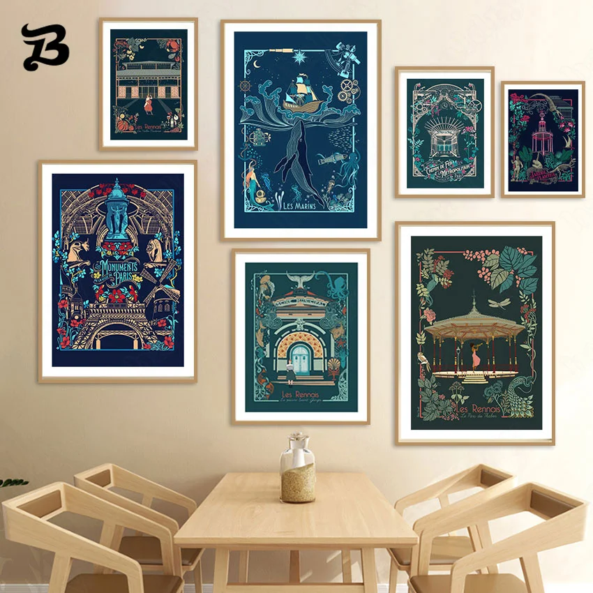 

Les Marins Rennais Paris Canvas Painting Whale Dinosaur Fossil Garden Tower Wall Art Nordic Poster for Living Room Modern Decor