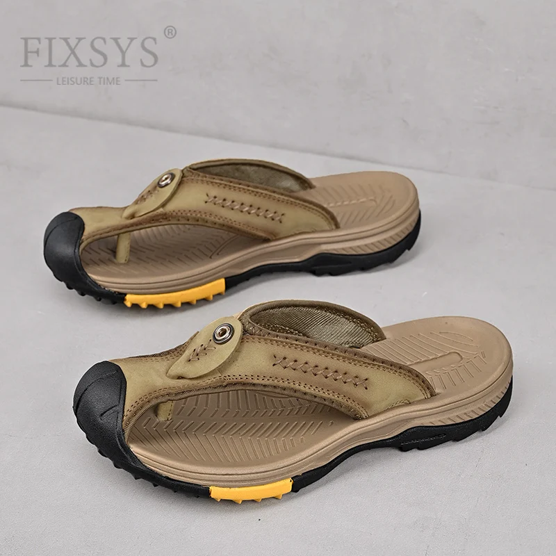 

FIXSYS 2022 Summer Men Slippers Outdoor High Quality Flip Flops Fashion Leather Man Water Shoes Home Slippers Slides Big Size 46