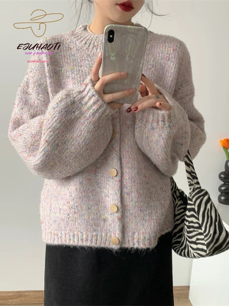 

Women's Korean Fashion Sweater Cardigan Winter Retro Colour Mixture Yarn Knitwears Lantern Sleeves Coat Girls Sweet Pink Tops
