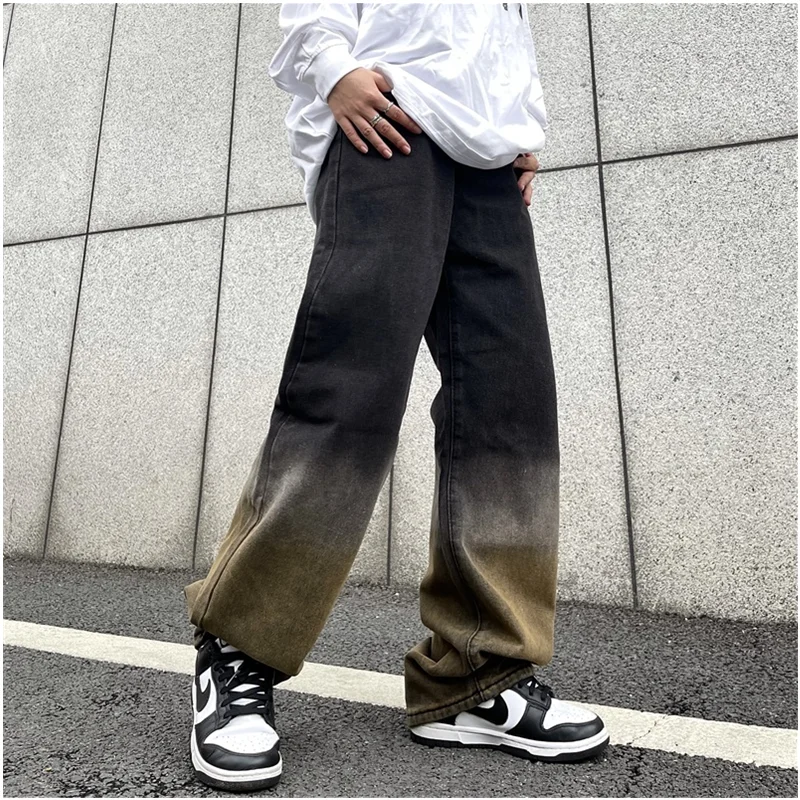 Streetwear Men 2022 New Pattern Recreational Gradient Tie-dyed Pants Straight Cylinder Comfortable Loose Jeans Autumn Female