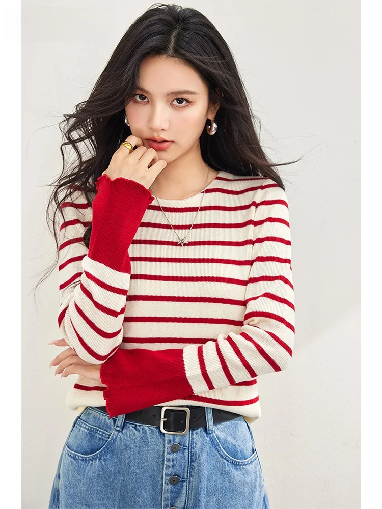 La Chabell 7 M2024 осенняя новая мода с круглым вырезом в полоску контрастного цвета