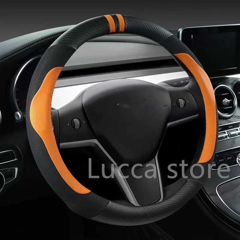 

Чехол для руля Tesla Model 3, футляр из натуральной кожи и замши, 4 сезона, диаметр 36-39 см, аксессуары для салона автомобиля