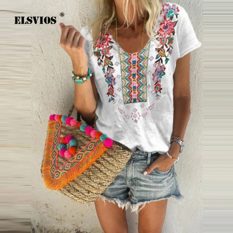 

Женский топ с принтом, Повседневная футболка с коротким рукавом и U-образным вырезом в стиле ретро, элегантный Дамский модный прямой пуловер...