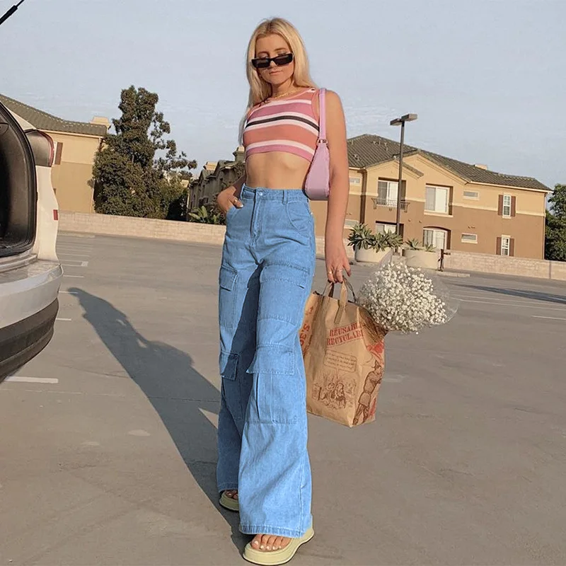 Women 90s Y2K Patchwork Wide Leg Mom Jeans Big Pocket Cargo Pants Vintage Mopping Pants Casual Streetwear Boyfriend Denim Jeans