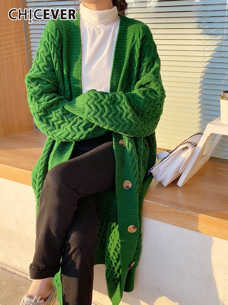 

CHICEVER Patchwork Single Breasted Sweaters For Women V Neck Longs Sleeve Knitting Minimalist Loose Sweater Female Fashion 2022