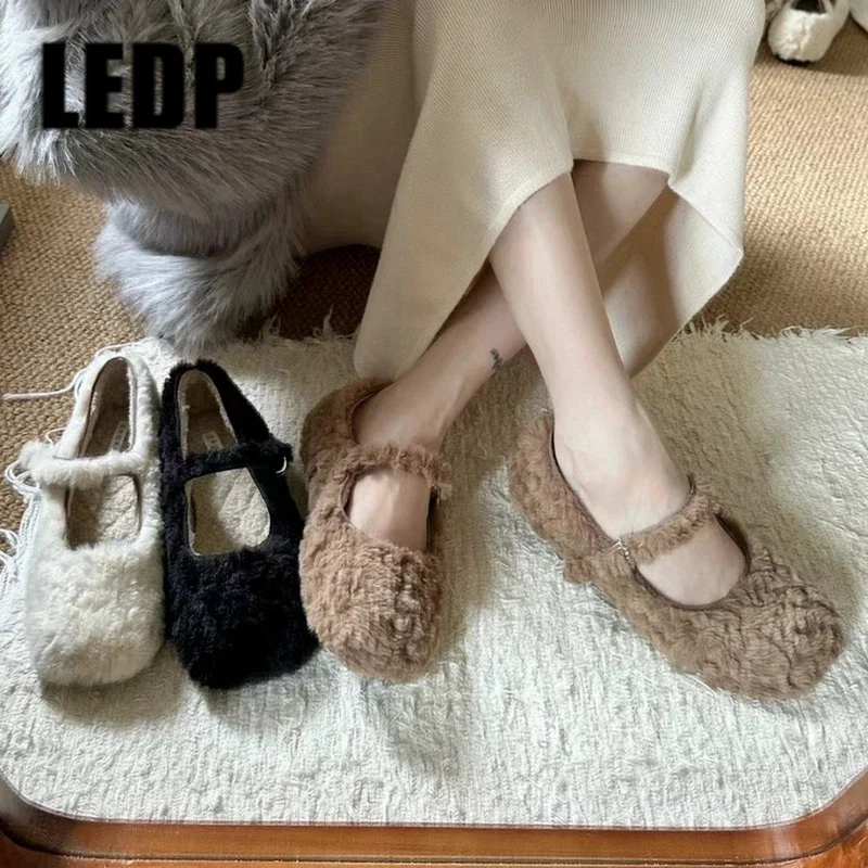 

Designer Fur Mary Jane Shoes Women Warm Plush Round Toe Flats Non-slip Home Fashion Moccasins Outdoor Casual Loafers Footwear