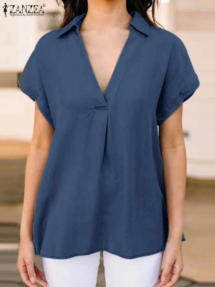 

2022 ZANZEA модные элегантные винтажные праздничные повседневные свободные топы, женская летняя блузка с коротким рукавом, однотонная ковбойск...