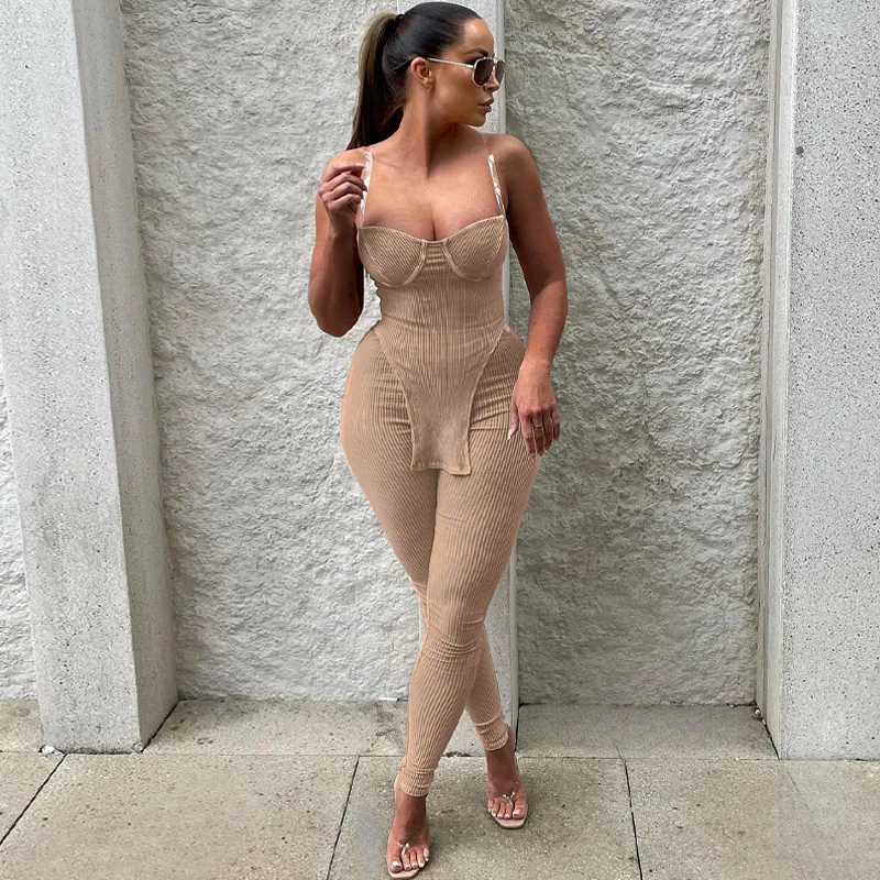 

Casual Knitted Two Piece Set Women Summer Tracksuits Ribbed Spaghetti Straps Asymmetrical Top High Waist Pencil Pants Suit 2023