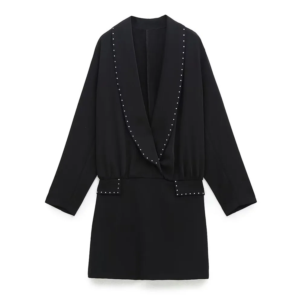 

Autumn and Winter New Fashion Women's Temperament Casual Lapel Long Sleeve Bright Decoration Suit Jacket Dress