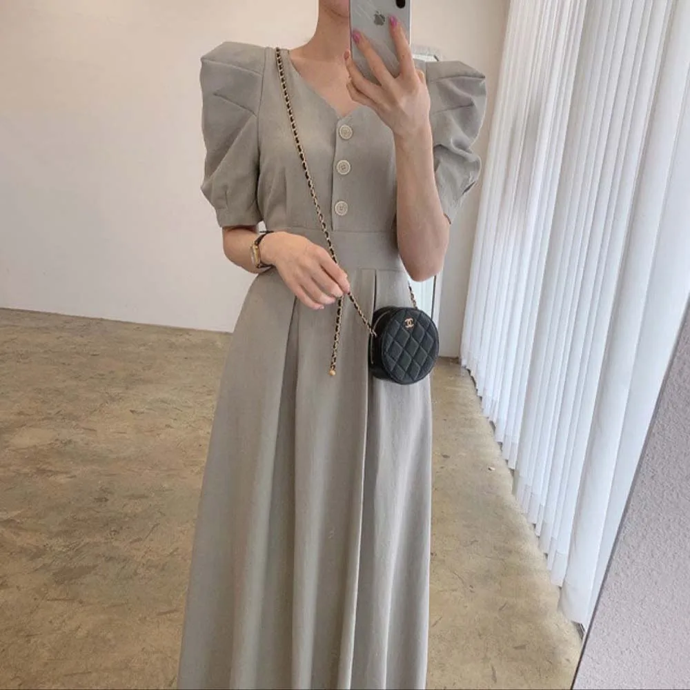 

Женское однотонное платье с V-образным вырезом, однобортное облегающее платье-трапеция в стиле пэчворк, элегантное платье в Корейском стиле...