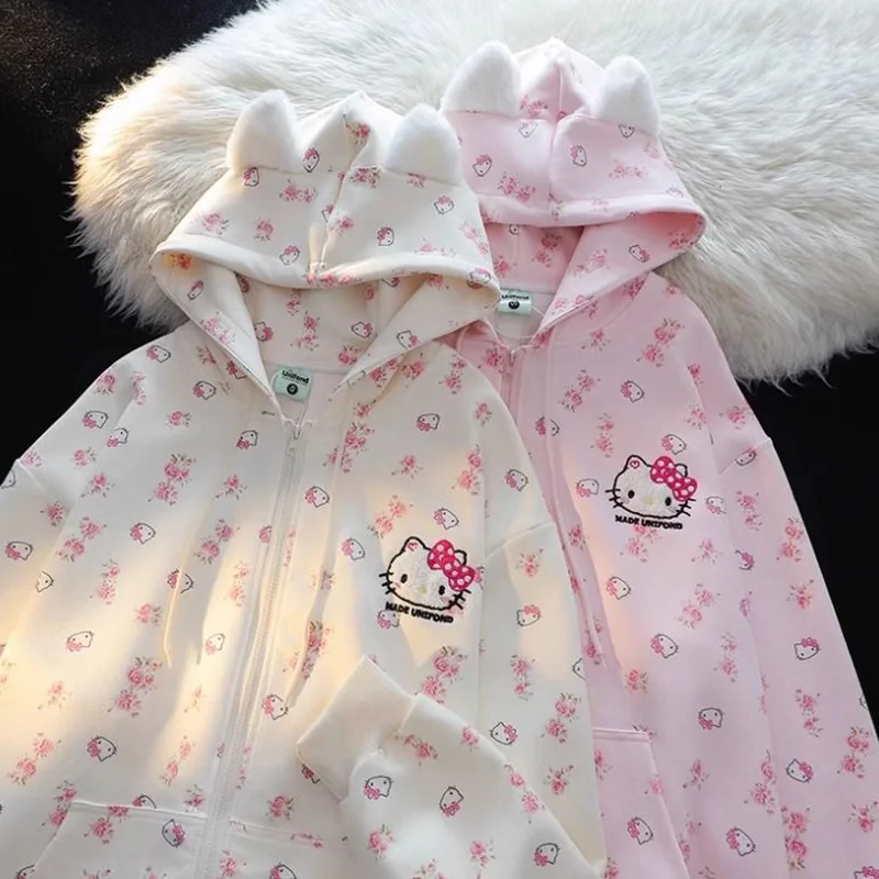 Милая толстовка с капюшоном Hello Kitty Yk2 Kawaii Anime KT принтом свободная винтажная милая