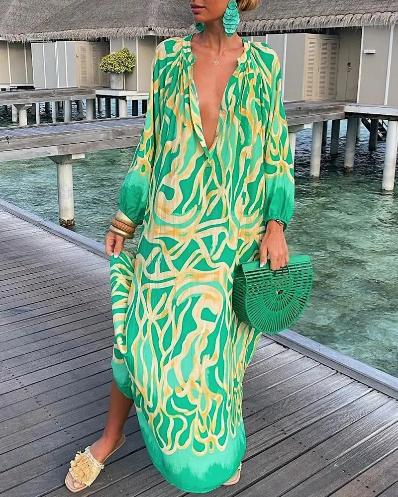 

Lantern Sleeve Shirt Dress Women Casual Sexy Loose Long Sleeve Round Maxi Dress Going Out Neck Abstract Print 2020