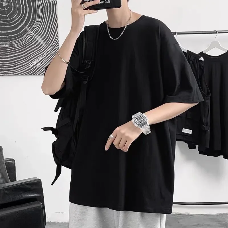 Summer Loose-Fit Solid Color Short Sleeve Men's T-Shirt Pullover Round Neck Plus Size Half Breathable Sweat Absorbent |