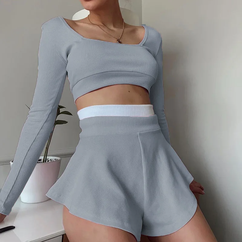 Fashion Casual Sport Shorts Skirts Set Women Summer Leisure Two Piece Set Shorts Set Solid Colors Patchwork Sexy Slim Crop Tops