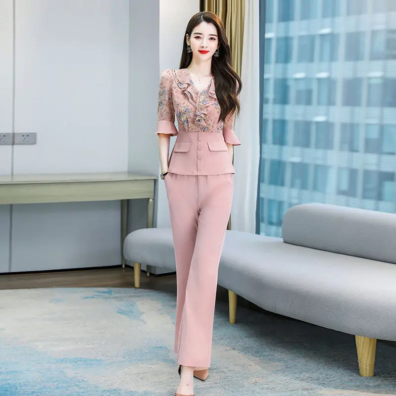 

Women 2022 Summer New Fashion Two Piece Sets Female V-neck Print Chiffon Shirts and High Waist Straight Pants Ladies Suits O12