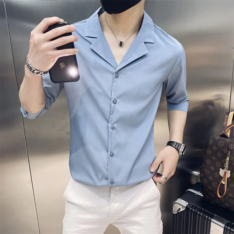 

Hot Sale Summer Half Sleeve Shirts For Men Clothing 2021 Simple All Match Single Breasted Slim Fit Casual Tuxedo Ropa Hombre 3XL