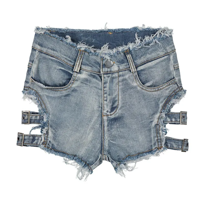 2021 Summer Women Hollow Out Bandage Punk Rock High Waist Shorts Female Hole Slim Sexy Tassel Denim Shorts Skinny Mini Jeans