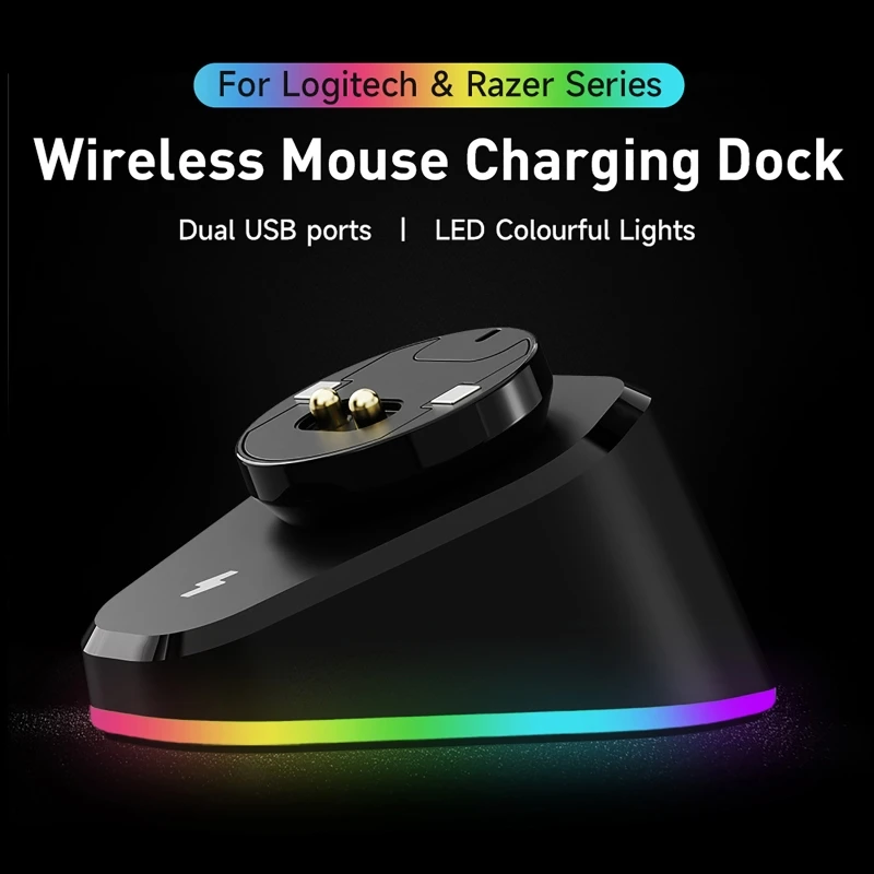 

RGB Led Mouse Charging Dock Base Dual USB3.0 Magnetic for logitech G502 Lightspeed GPW 1/2 G903 G703 Hero Wireless Mice