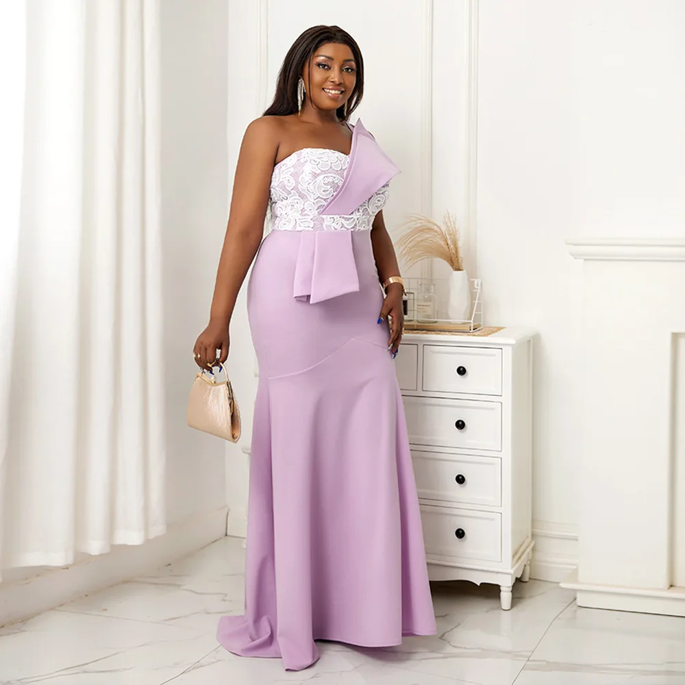 Light Purple Strapless Dress Sexy Sleeveless High Waisted Long Dress Elegant One Line Neck Women Lace Dress