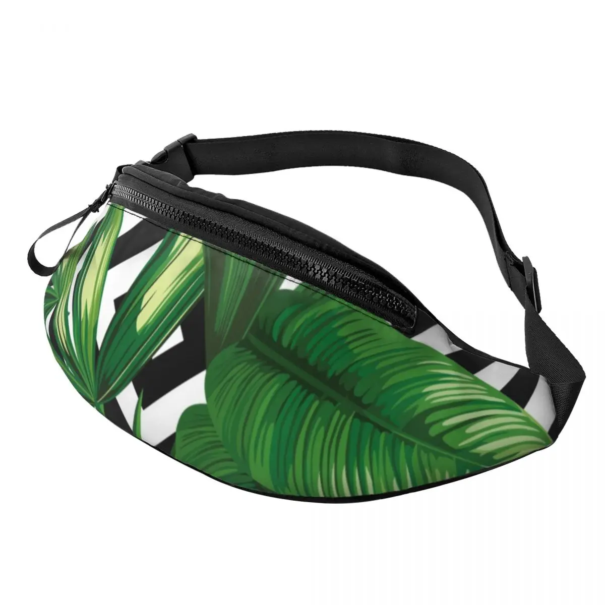 

Palm Leaves Waist Bag Black And White Geometry Teenagers Hiking Waist Pack Print Polyester Bag