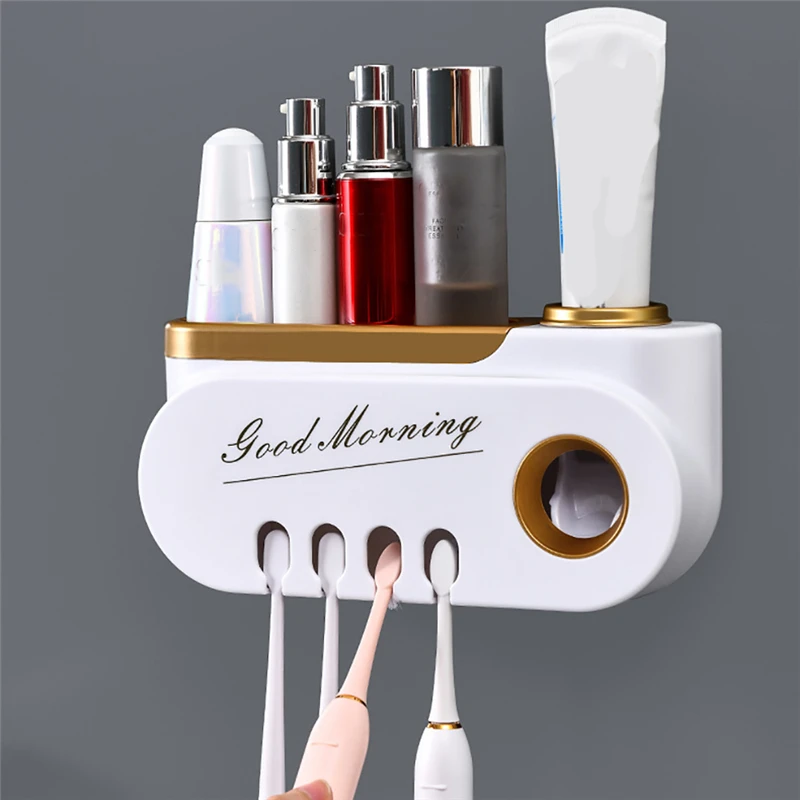 

Wall-Mounted Toothbrush Toothpaste Storage Rack Toothpaste Squeezer Dispenser Cosmetic Storage Bathroom Organizer Supplies