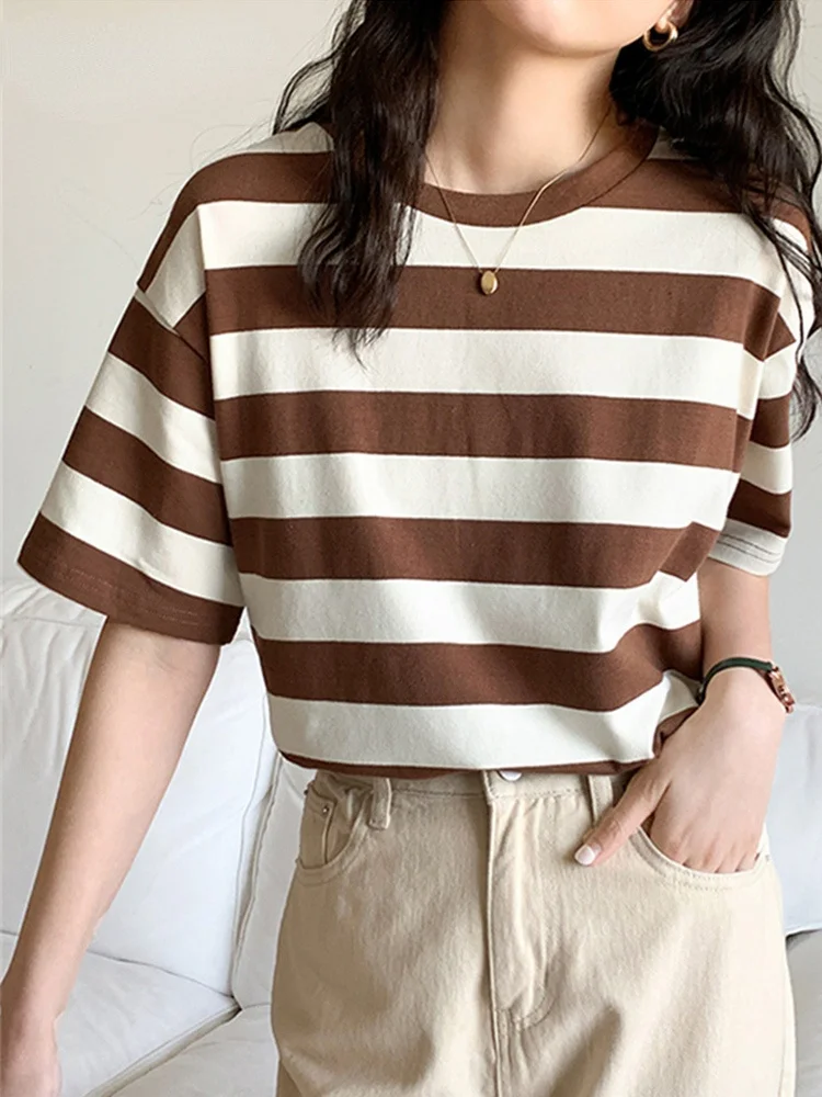 

Dinboa- Striped Woman Tshirts Y2k Tops Summer 2022 New Harajuku Clothing O-neck Cotton Office Casual Korean Fashion Black Tees