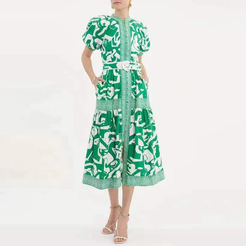 

Puff Sleeves Casual Long Dress Summer Belt Leaf Print Belt Sashes Ball Gown Dresses Clothes