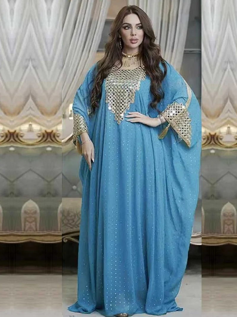 

Muslim Abaya Chiffon Sequins Panel O Neck Batwing Sleeve Oversized Gown Dresses Dubai Turkey Arab Morocco Caftan 6XL 7X