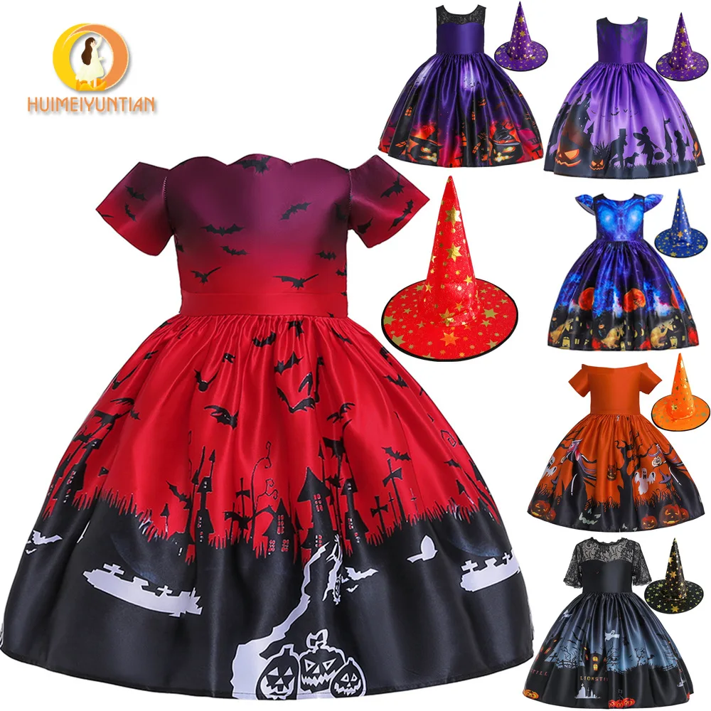 New European And American Halloween Girls Dress With Hat Forged Printed Children One-Piece Princess Cloth YT008