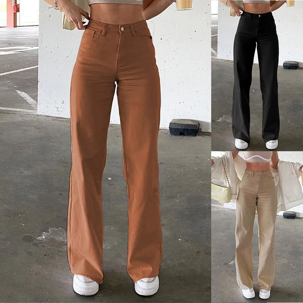 

Женские джинсовые брюки с широкими штанинами, повседневные свободные эластичные джинсовые брюки с высокой талией, модные однотонные прямые брюки, новинка 2021