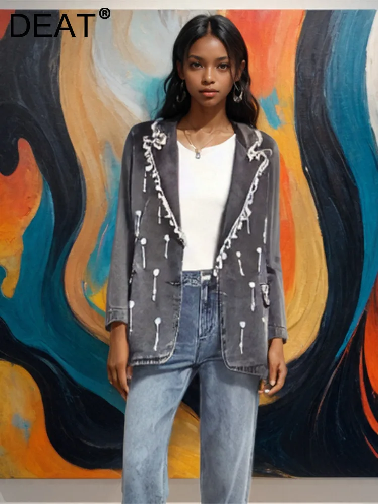 Женский Джинсовый блейзер DEAT однобортный Блейзер с длинным рукавом и стразами