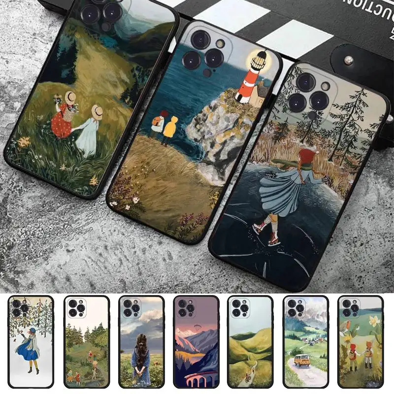 

FHNBLJ Cartoon Scenery Girl Phone Case For iPhone 14 11 12 13 Mini Pro XS Max Cover 6 7 8 Plus X XR SE 2020 Funda Shell