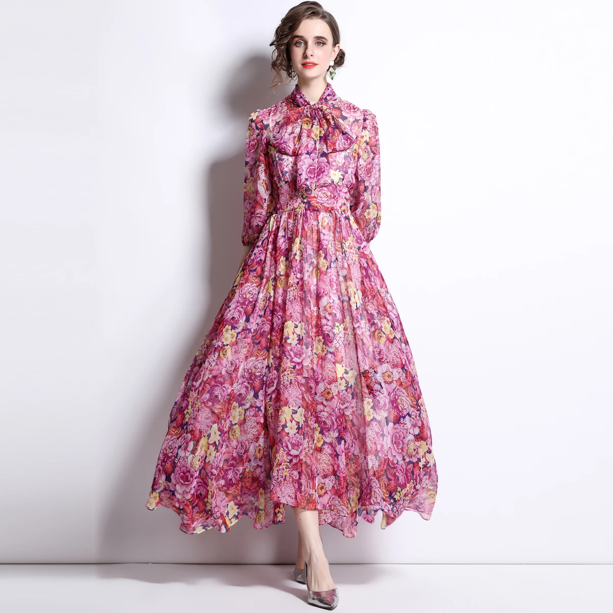 

Женское шифоновое платье миди, дизайнерское модельное длинное праздничное платье с принтом, винтажное элегантное шифоновое платье с высок...