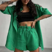 summer casual tracksuit womens shorts suits green streetwear short sleeve shirt tops loose drawstring mini shorts two piece set