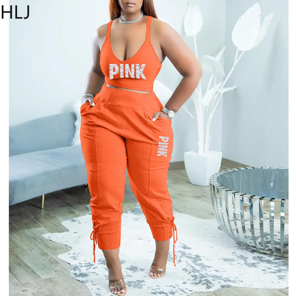 

HLJ Fashion Street Strap Women PINK Letter Print Sleeveless Crop Top And Jogger Pants Two Piece Sets Casual Sport 2pcs Outfits
