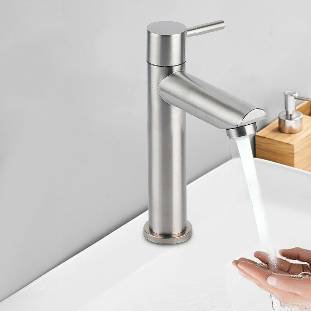 

Faucet Single Cold Sink Faucet Bathroom Counter Basin Faucet 304 Stainless Steel Silver Single Hole Tapware Lavatory Sink Tap