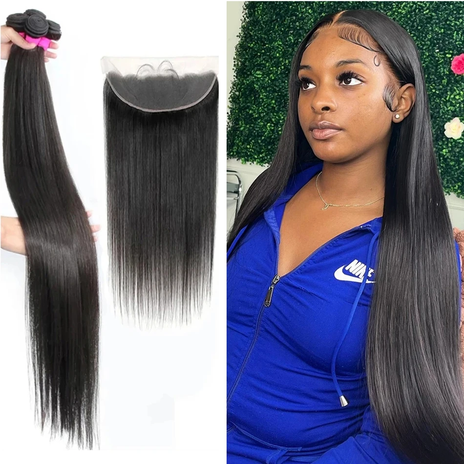 

30 32 34 inch Long Straight Bundles With Frontal Human Hair Brazilian Hair Weave Straight Extension With 13x4 Front For Women