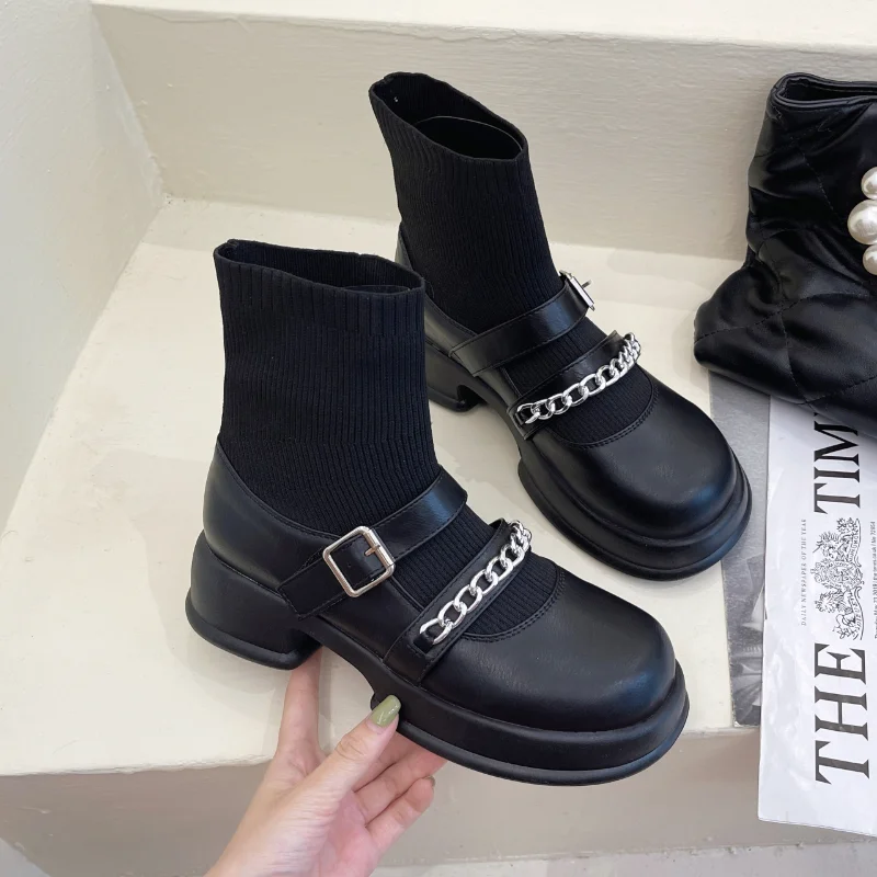

2022 Autumn Big Size Women Boots Sock Shoes Platform Casual Shoes Ladies Metal Chain Stretch Booties Fashion Boots for Women