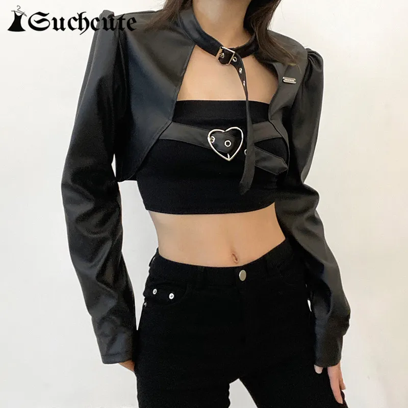 

SUCHCUTE Gothic Bandage Leather Jacket Women Winter Punk Style Streetwear Crop Cost Dark Academic Long Sleeve Slim Black Outwear
