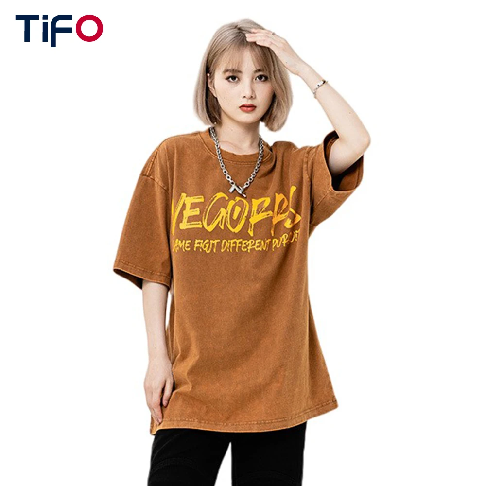 

Retro Simple Letter Print Short Sleeve Women Summer Washed Distressed Loose Boyfriend Style Oversize Tops