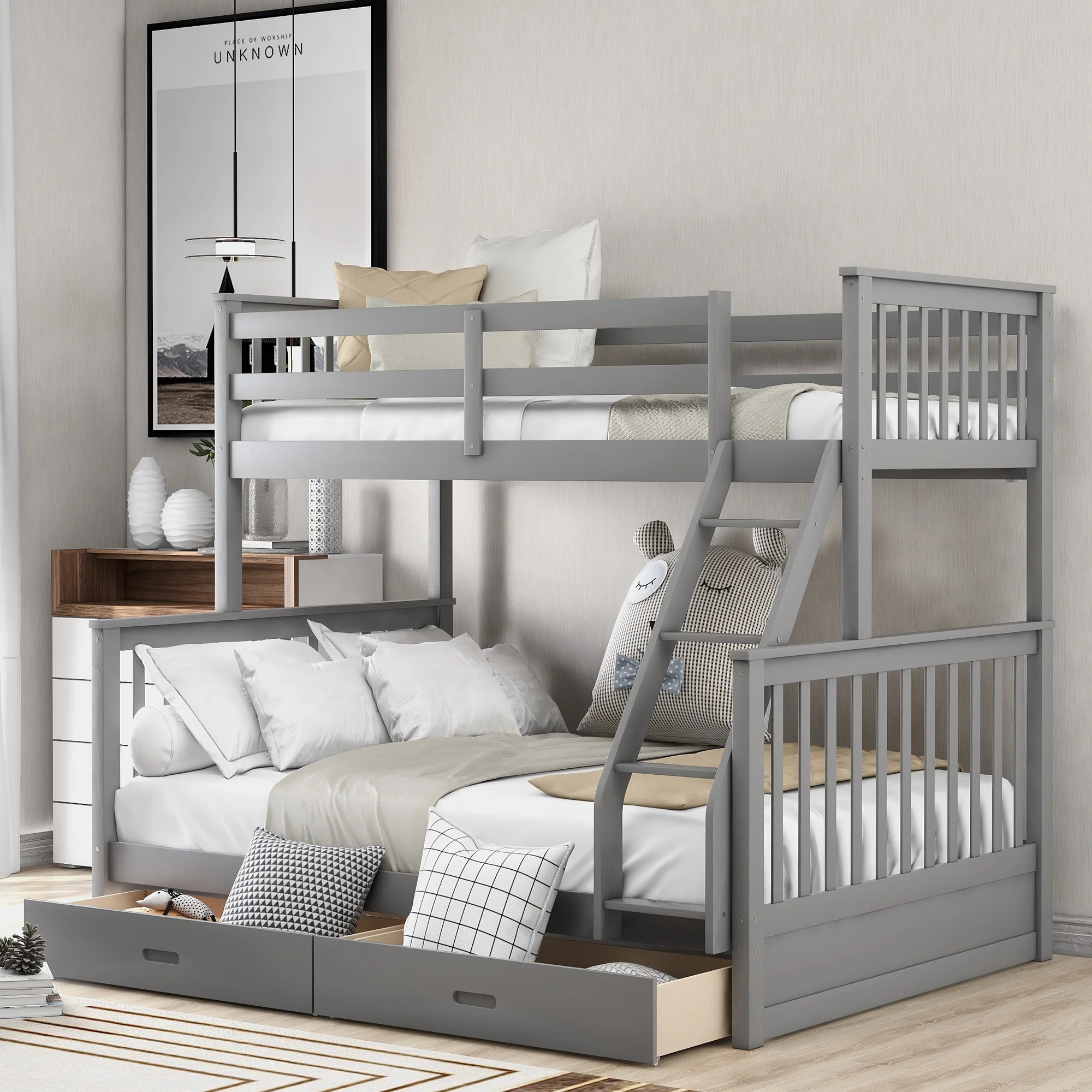 

Home Modern Minimalist Wooden Bedroom Furniture Beds Frames Bases Twin-over-full Bunk Bed With Ladders Two Storage Drawers Gray