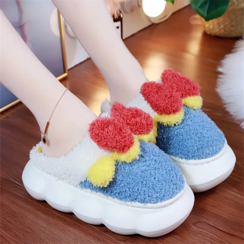 

Flock Slippers Soft Room Shoes Women Heels Butterfly-Knot Med Platform Slides Winter Footwear Comfort Rubber Massage High Flat B
