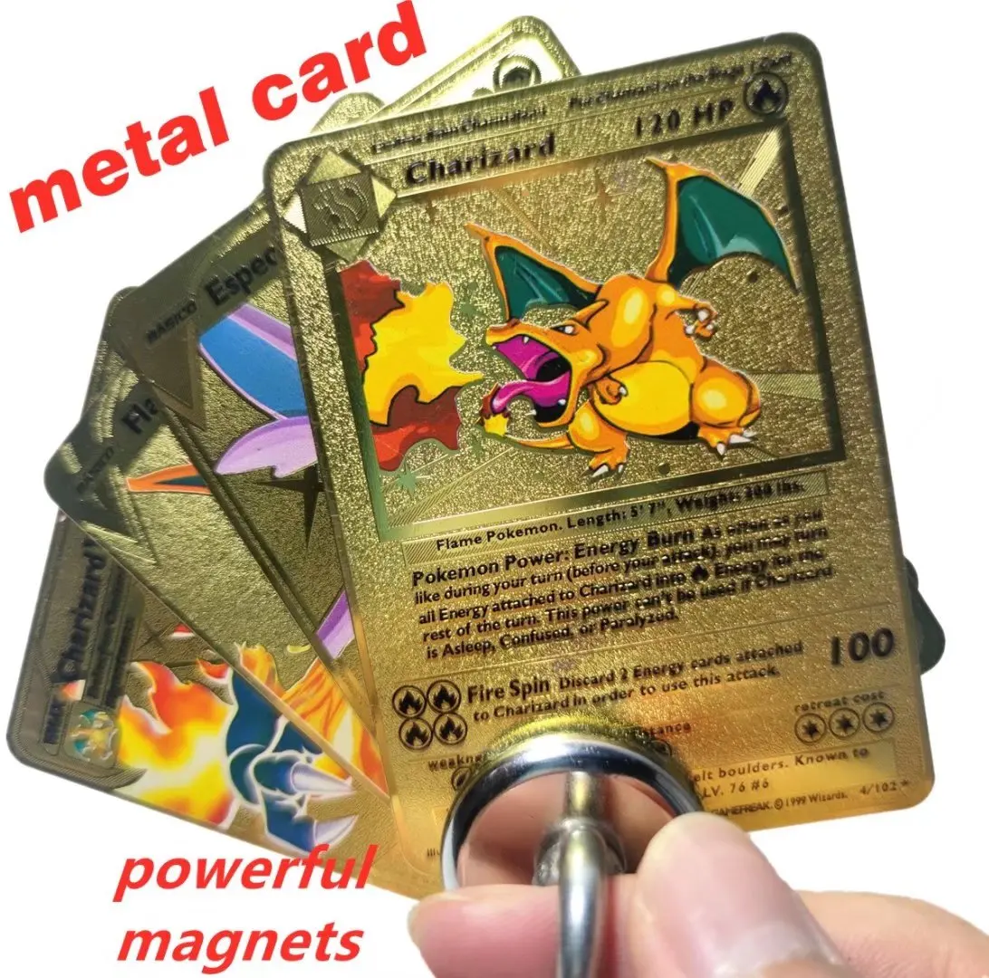 5PCS Pokemon Iron Cards Golden Metal Pokemon Shiny Letters Pikachu Mewtwo  Charizard Vmax Game Collection Card Anime Metal Gifts