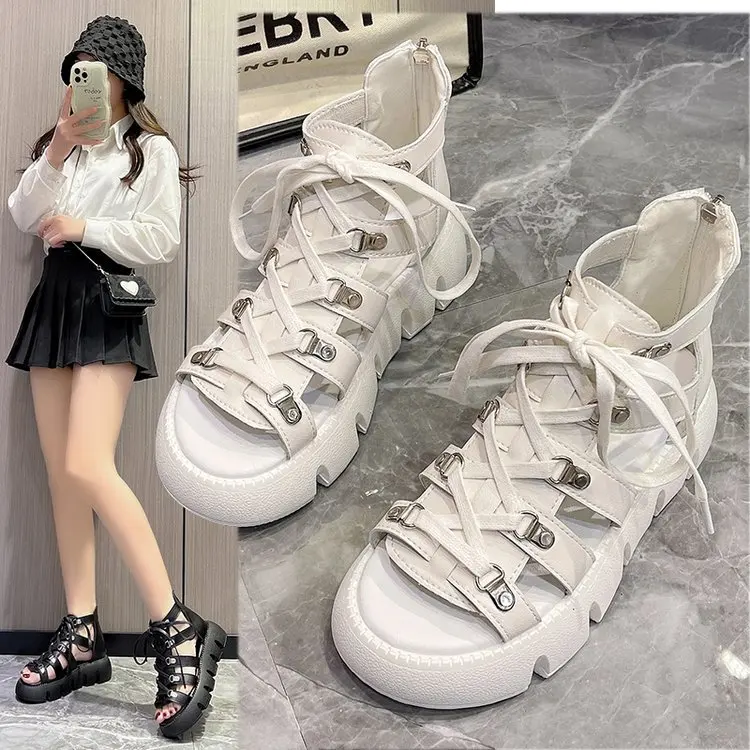 2023 Heightened Shoes Women Thick Soled Shoes Motorcycle Fish Mouth Sandals Comfortable High Heels High Top Hollowed Out Sandals