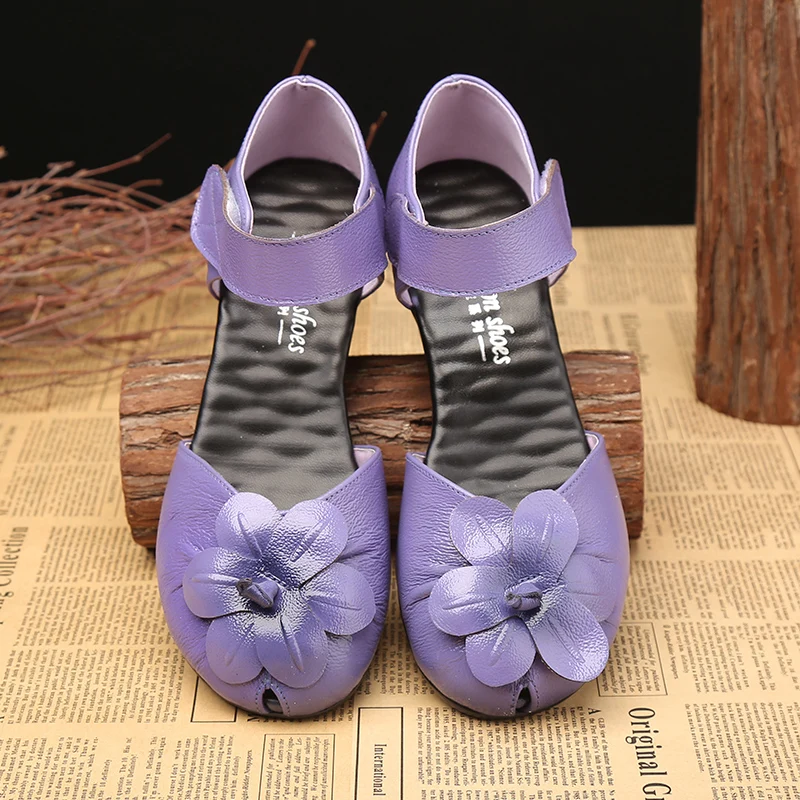 Elegant Floral Sandals Women 2023 Luxury Purple Leather Heels Shoes Caual Peep Toe Sandales Femme Mom Designer Mary Janes Sandal