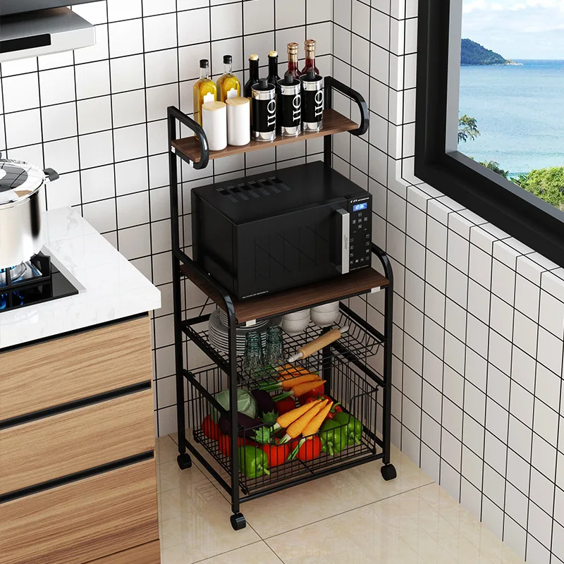 

Floor-to-floor portable microwave oven trolley storage rack painted black condiment bottle shelf A