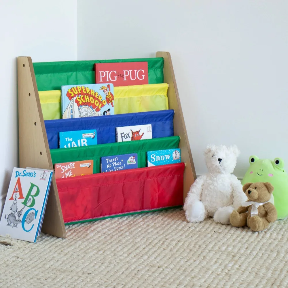 

2023 Humble Crew Kids Book Rack with Fabric Sling Sleeves, Primary/White